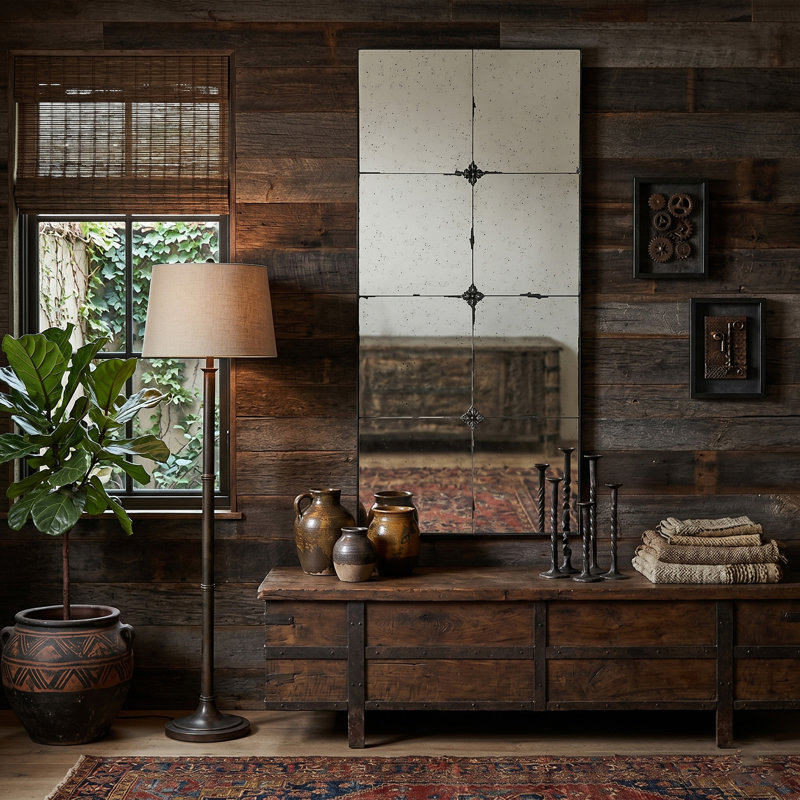 Miroir antique à panneau rectangulaire avec détails floraux, noir