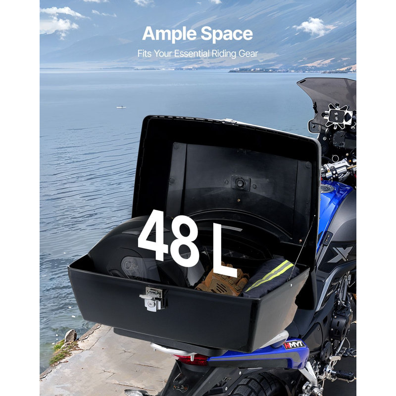 Haut de caisse de moto, coffre arrière universel en polypropylène durable avec panneau réfléchissant, 48 L, étanche et amovible, avec base multi-trous, compatible avec 99 % des cadres de moto.