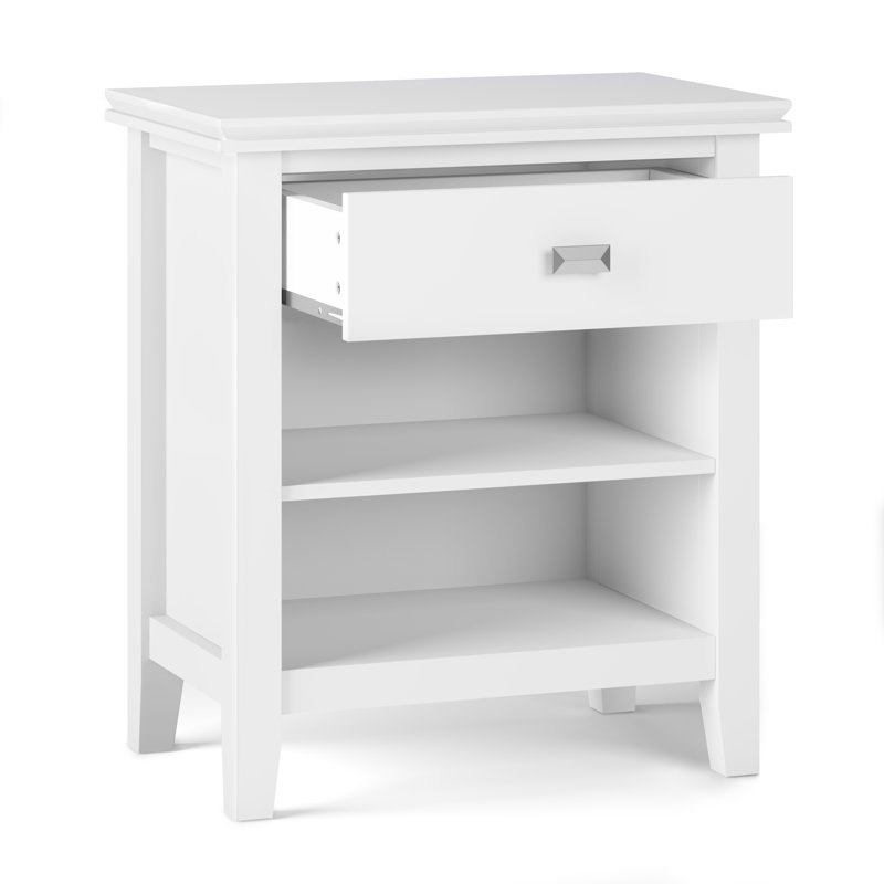Table de chevet contemporaine en bois massif l 24 po Artisan avec 1 tiroir, rangement ouvert et boutons bronze, Blanc