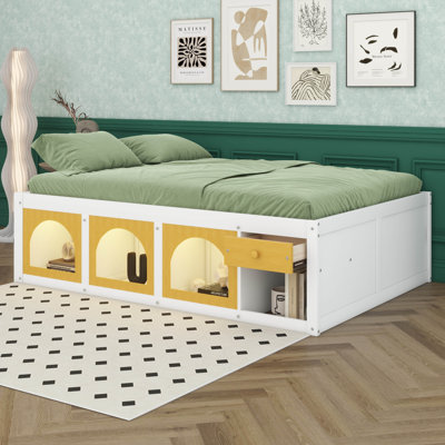 Platform Bed With Side Bookshelf & LED Lights, Wooden Storage Bed With Display Cubby And Drawer, No Headboard