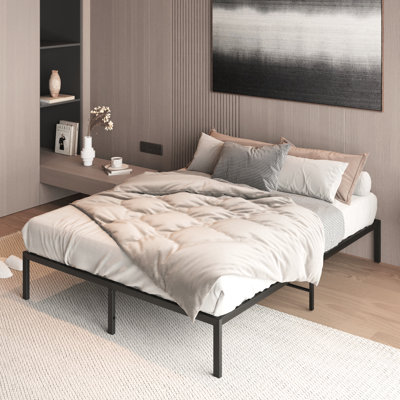 Base de lit double plateforme en métal - métal robuste, sans sommier, style moderne, sommeil nocturne stable et complet avec tête de lit en bois à structure pliante améliorée
