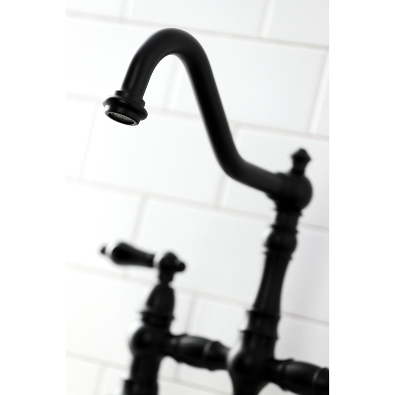 Kingston Brass Duchess Two-Handle 4-Hole Deck Mount Bridge Kitchen Faucet with Brass Side Sprayer, Matte Black
