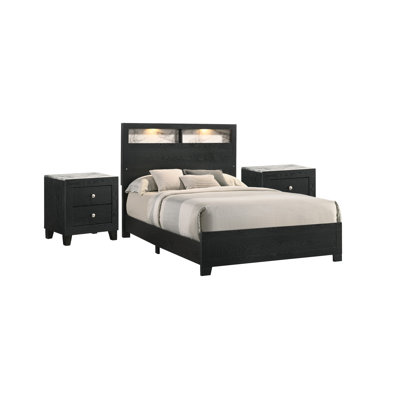 Ensemble de chambre pour grand lit, noir, blanc, bois chromé, ensemble de 3 pièces avec 2 tables de chevet