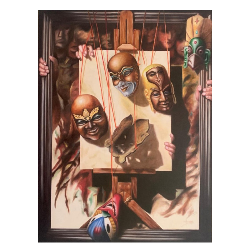 Masque multiple souriant | Huile sur toile | Par Dinesh Kumar