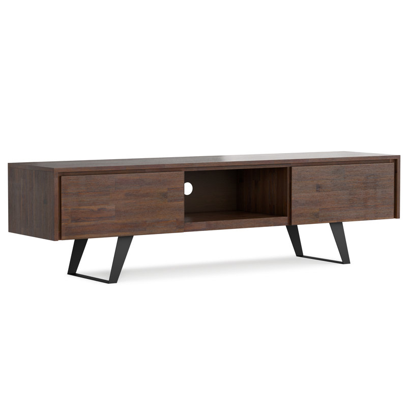 Lowry 72"W Solid Wood Industrial TV Stand for TVs up to 80" with 2 Cabinets and Open Shelf, Distressed Charcoal Brown