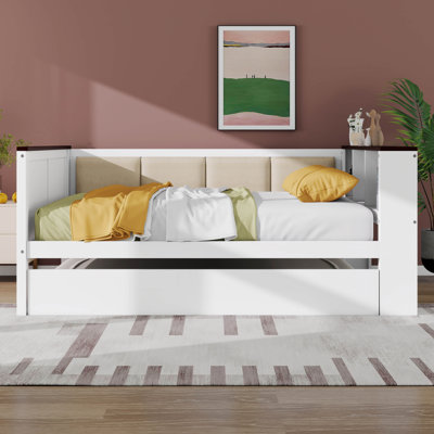 Full Size Wood Daybed With Storage Shelves, Upholstered Backrest, Sloid Wood Daybed With USB And Trundle