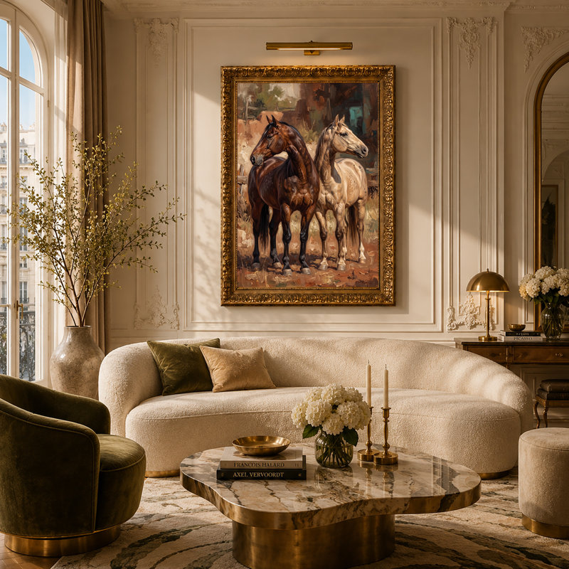 «Brown and White Horses in Rustic Barn», art mural sur toile, H 30 po x l 20 po
