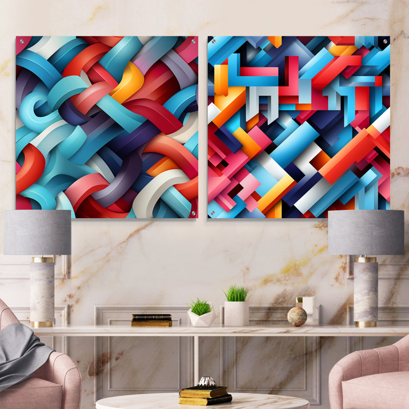 Cortavius - Ensemble de 2 verres muraux abstraits géométriques en acrylique, H 16 po x l 33 po
