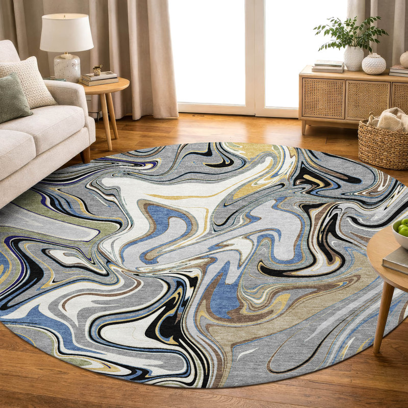 Premium Machine Washable Mayfield AMF2395 Abstract Rug, Gray, 8' Round
