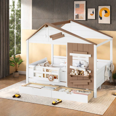 Lits pour enfants de style ferme avec rangement, structure entièrement en MDF, maisonnette rustique
