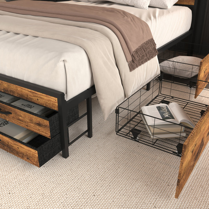 Bed Frame With 8 Storage Drawers, LED Headboard With Charging Station, Metal Platform Bed Frame, No Box Spring Needed, Noise-Free, Stable And Solid, Bed Frame
