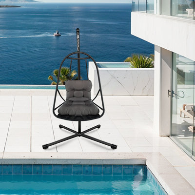 Fauteuil à œufs pivotant avec support Fauteuil suspendu en osier de rotin pour l'intérieur et l'extérieur avec support de type C, avec coussin et oreiller