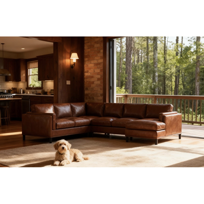 Andress 122" Wide Leather Match Left Hand Facing Corner Sectional, Brown Leather Match, Dark Brown