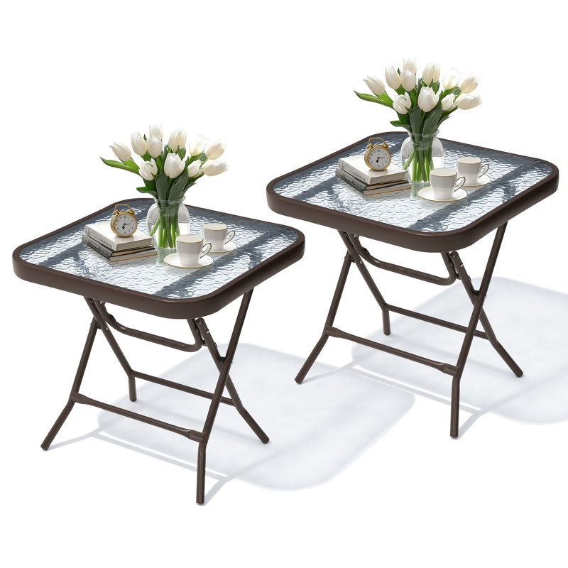 Square Glass Outdoor Folding Side Table (Set of 2), Brown