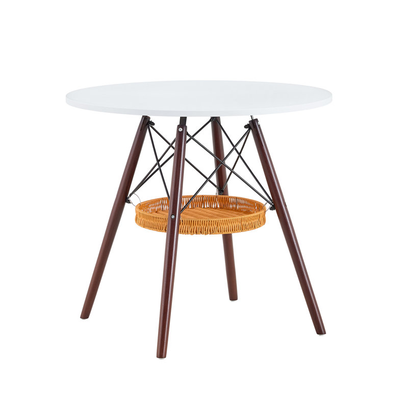 Round Dining Table 31.5 Inch White Matte Mdf Top Solid Walnut Wood Legs Woven Storage Base
