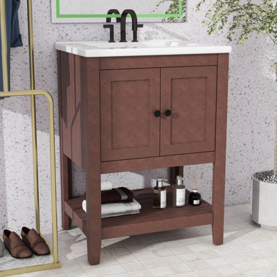 Meuble-lavabo moderne de 24 po avec lavabo en céramique, structure en bois massif et tablette ouverte - élégante armoire de rangement autoportante pour la salle de bain
