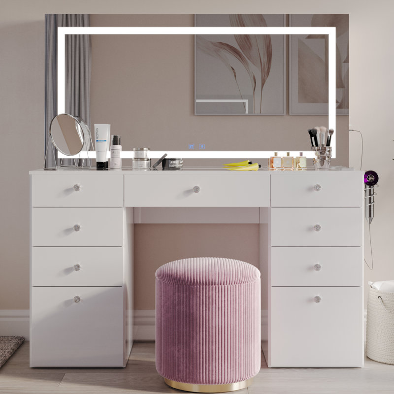 Selina Extra-Large Premium Vanity Table With Integrated Speakers And Luxury Storage, White