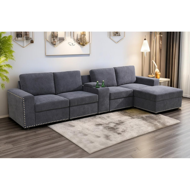 Canapé modulaire de coin configurable en flanelle de 131 po avec repose-pieds de 131 pièces, Gris