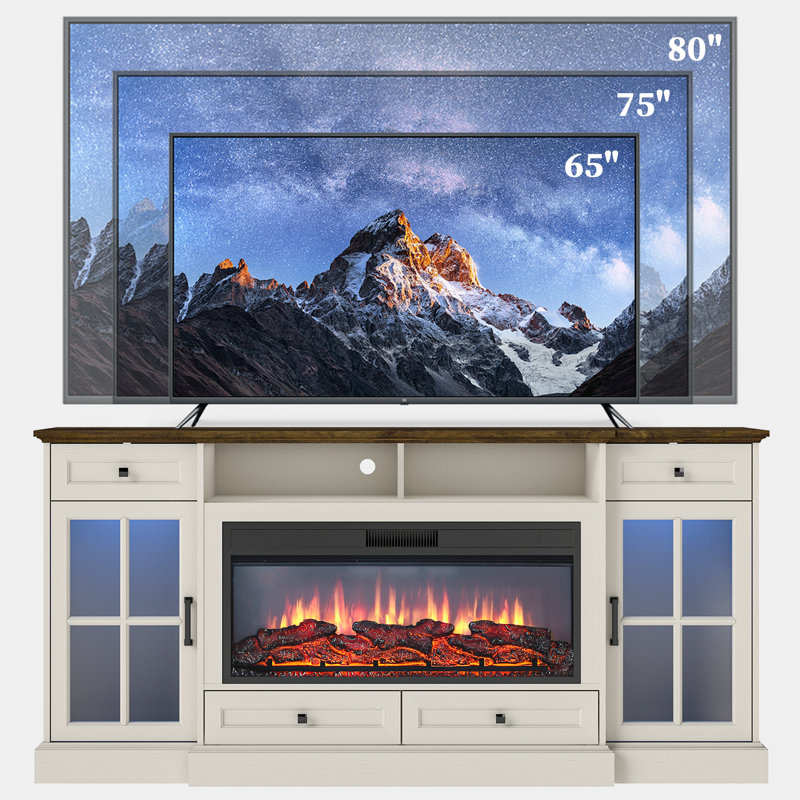 70" Fireplace TV Stand For Tvs Up To 80" With 35" Electric Fireplace, White/Brown