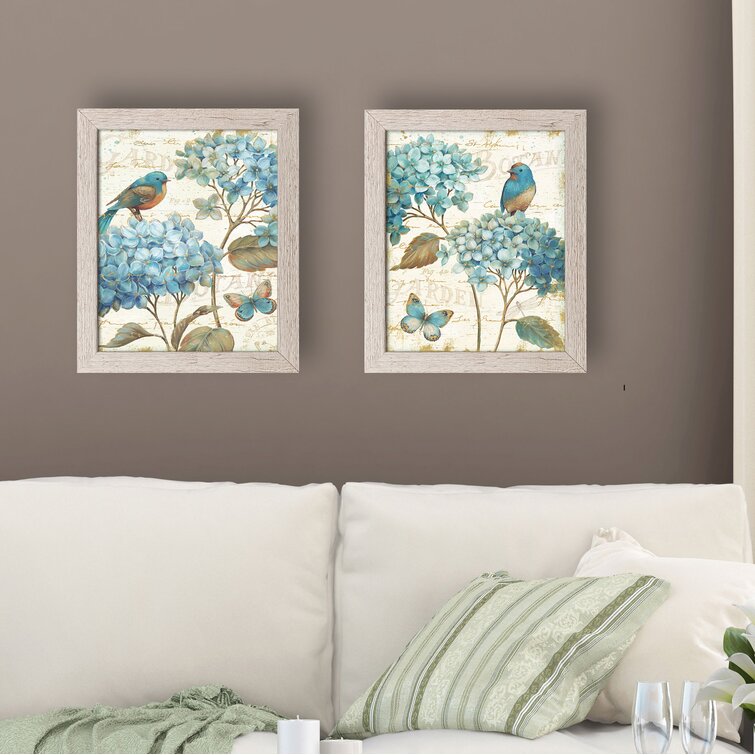 'Gorgeous Teal and Cream Watercolor-Style Hydrangea Florals, Birds and Butterfly' 2 Piece Framed Graphic Art Print Set