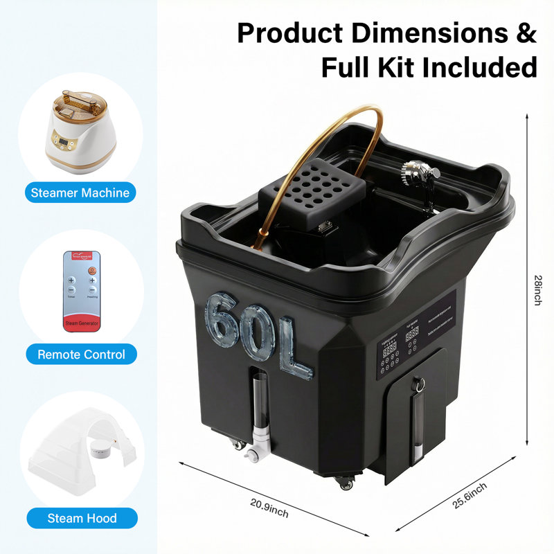 Système de spa professionnel à tête mobile avec cascade thermostatique et thérapie à DEL, réservoirs de grande capacité de 60 L, pour le soin du cuir chevelu du lit de salon et de spa