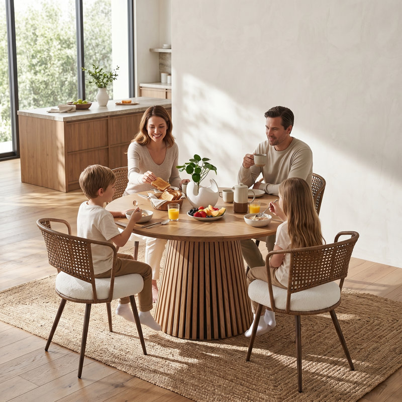 5 Piece Round Dining Table Set For 4, Wood Look Kitchen Table With 4 Rattan Back Upholstered Dining Chairs, Walnut