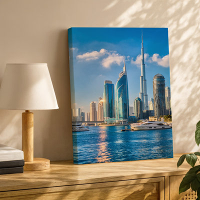Canvas A Stunning Skyline View Of Dubai Featuring Three Iconic Architectural Wall Art Structures A Sleek Modern Skyscraper With A Canvas Wall Art