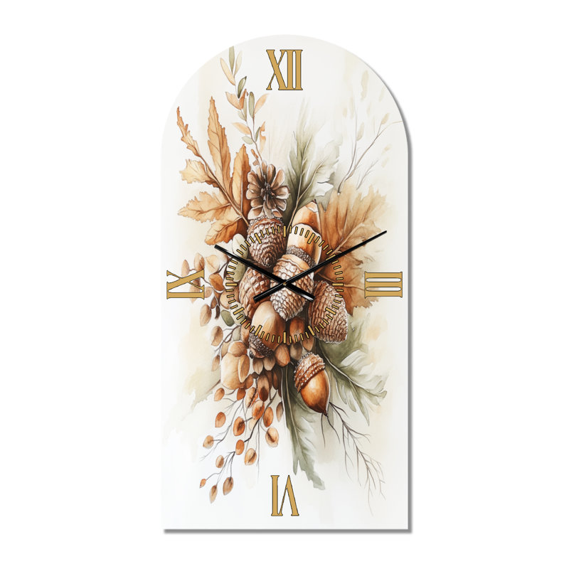 Collection Forager's Acorn II - Grande horloge murale botanique en métal arquée, 39" H x 19" W - Arch