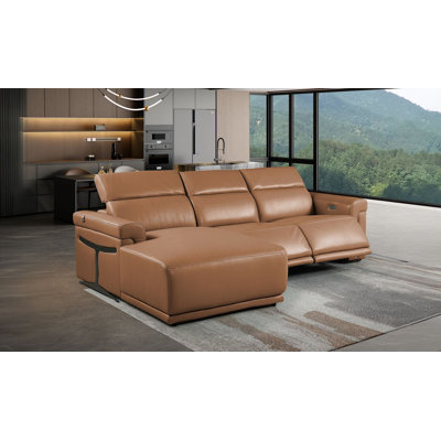 Canapé modulaire cognac 3 pièces en cuir italien fleur de mouton avec 2 fauteuils inclinables électriques et appuis-tête réglables Cognac