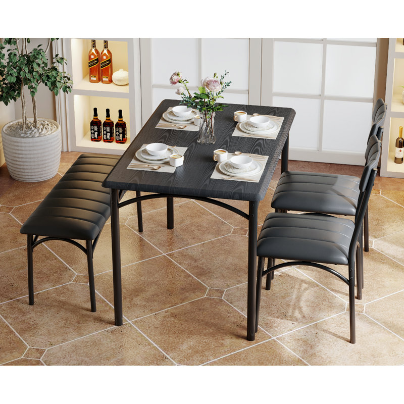 Ensemble de table de salle à manger rectangulaire pour 4 personnes, table de cuisine moderne avec banc rembourré et 2 chaises rembourrées, ensemble de salle à manger compact pour petits espaces, appartements, noir