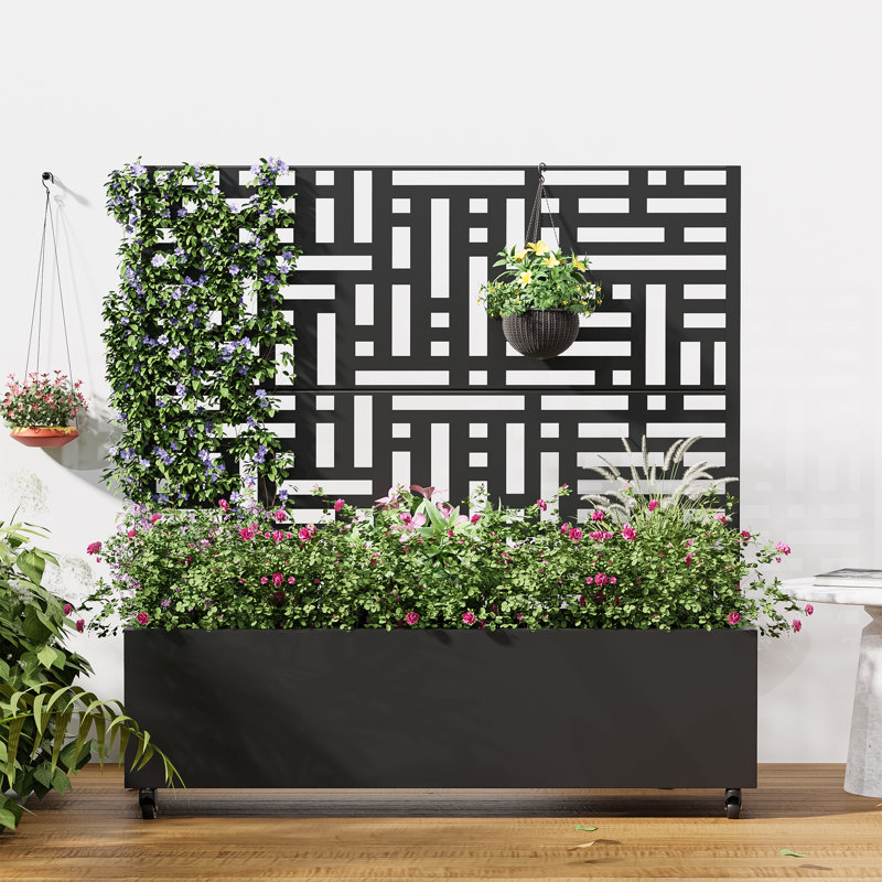 Boîte à fleurs d'extérieur individuelle en métal rectangulaire avec treillis pour plantes grimpantes