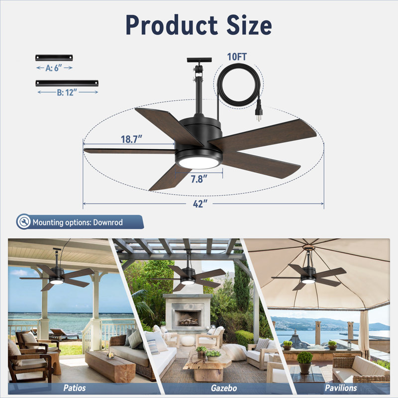 Cissline 42" Modern Black Indoor/Outdoor Waterproof Ceiling Fan with Led Light and Remote Control for Patio/Pergola/Gazebo