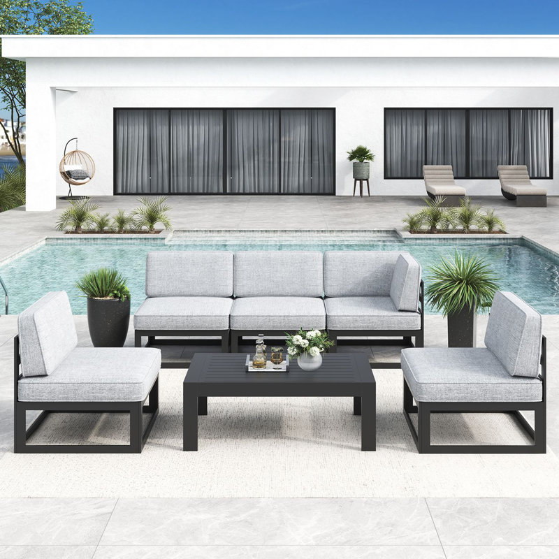 Ensemble modulaire d'extérieur 6 pièces avec table basse 6 pièces, Gris