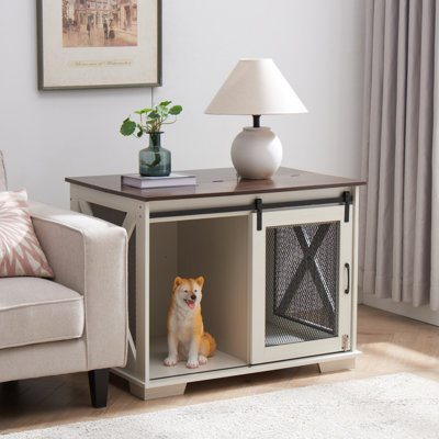 White Dog Crate With Sliding Barn Door And Detachable Partition For Welfare, Cage Divider Pet Comfort,
