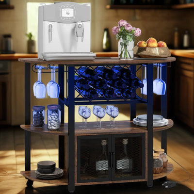 Industrial Wine Bar Cabinet With LED Lights And Charging Station, 10-Bottle Wine Rack, Glass Holders, Mesh Doors, And Open Shelves For Home Bar