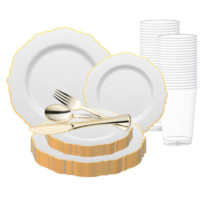 Ensemble de 60 pièces en plastique jetable blanc à bordure dorée, motif floral rond - Idéal pour les mariages
