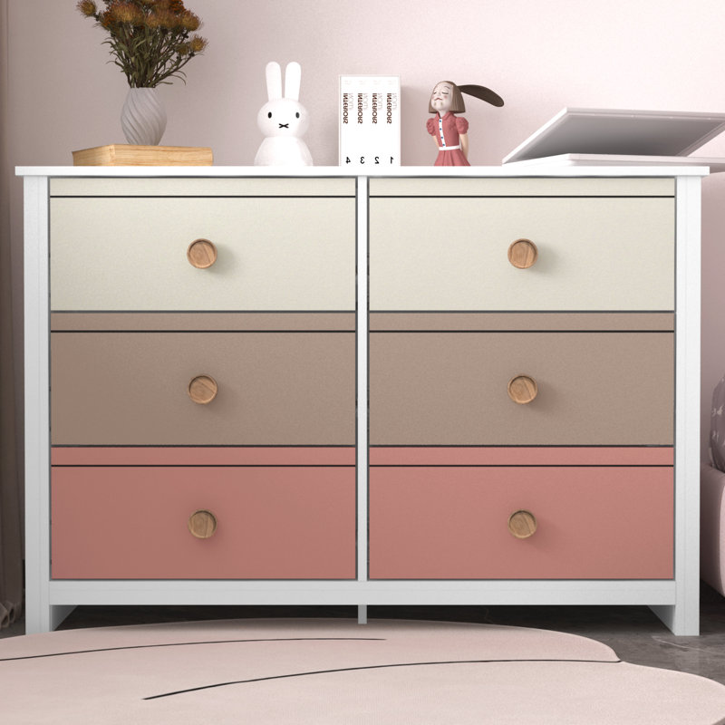 Bustillo 46.1'' W kids 6 -Drawer Dresser, White/Parchment/Warm Taupe/Canyon Clay