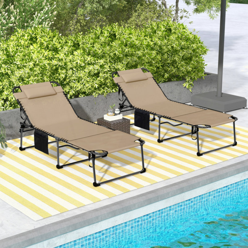 2 Piece Folding Chaise Lounge With 5-Level Reclining Back, Outdoor Tanning Chair With Reading Face Hole, Outdoor Lounge Chair With Side Pocket & Headrest For Beach, Yard, Patio