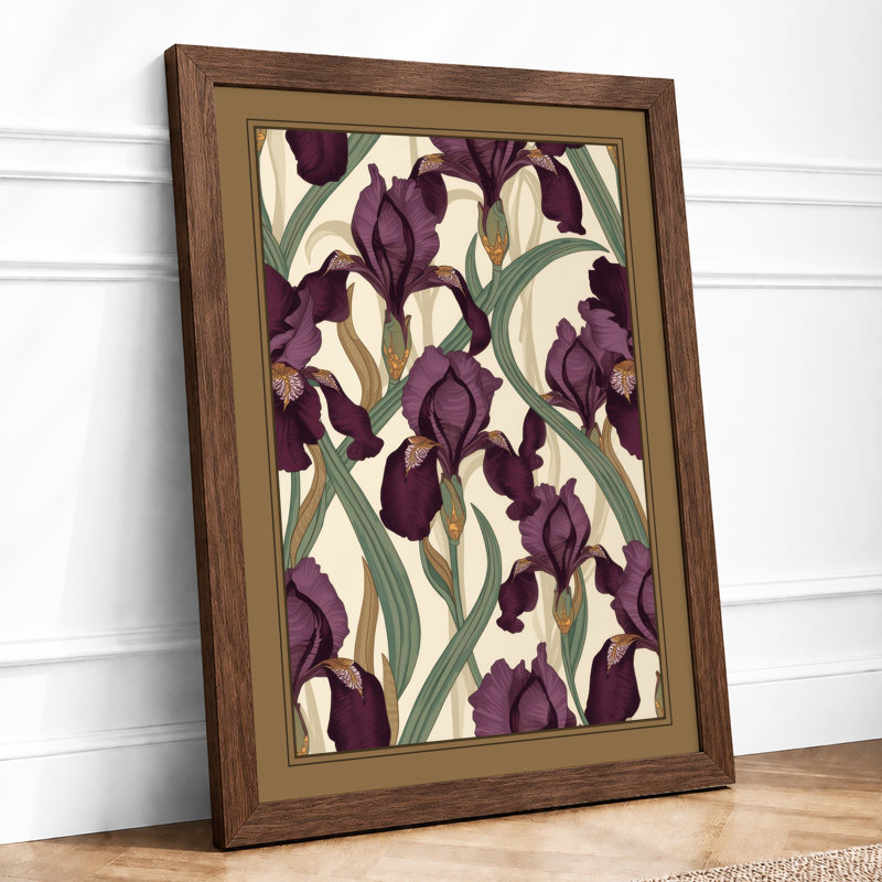 Iris Garden Pattern Botanical - Framed Print, A1 - 84.1 x 59.4 cm, Walnut