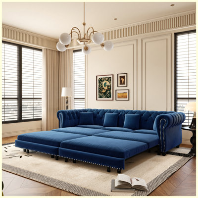 Chesterfield 3-Seater Sofa, Velvet Upholstered Sofa with Convertible Pull-Out Sleeper Bed, Movable Ottoman for Living Room Bedroom Office, Blue