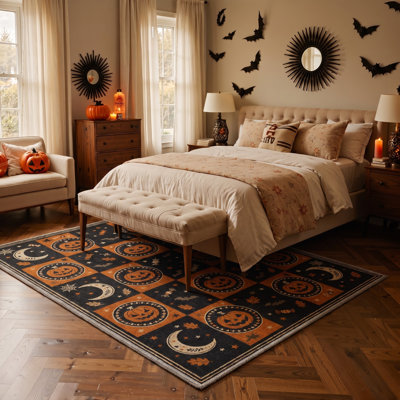 Tapis d'Halloween Spooky Icon, noir / orange, lavable à la machine, à poils courts, antidérapant