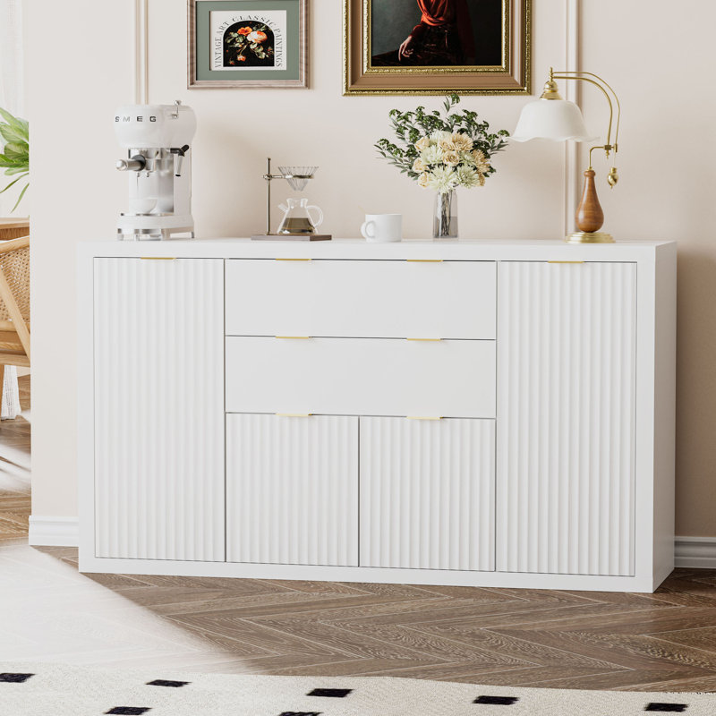 56” W Sideboard Buffet with 2 Drawers, Storage Cabinets, Buffet Table with Adjustable Shelves, White