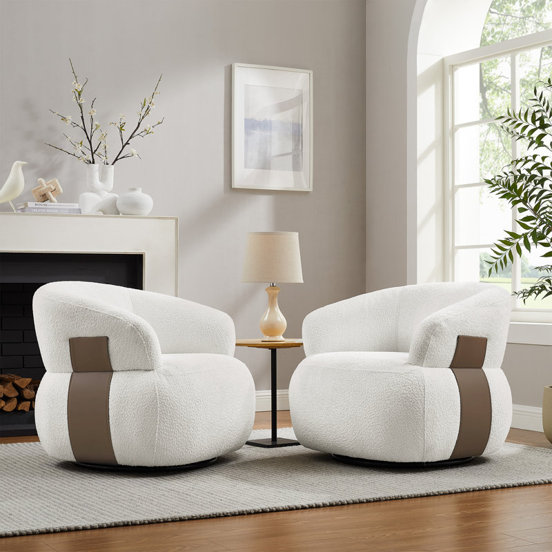 Hillip 33'' Wide Modern & Comfort Barrel Chair With 360 Degree Swivel(Set of 2), Off-White Polyester