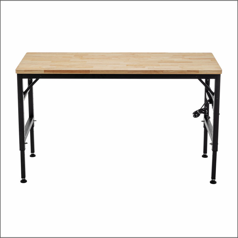 Adjustable Height Workbench, 60" Rubber Wood Top Heavy duty Workstation with Power Outlets, 2000 LBS Load Capacity Hardwood Worktable for Workshop, Garage, Office, Home