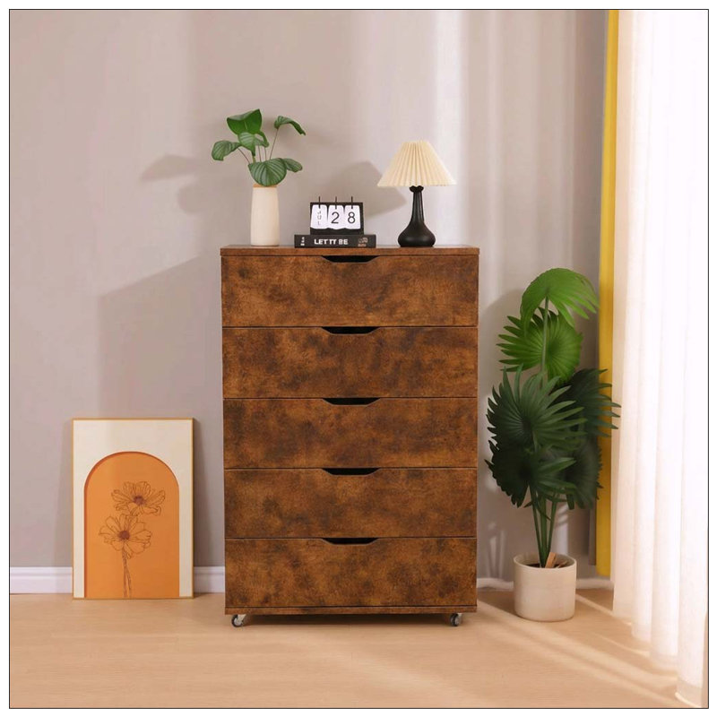 Commode mobile à 5 tiroirs avec roulettes, Brun rustique