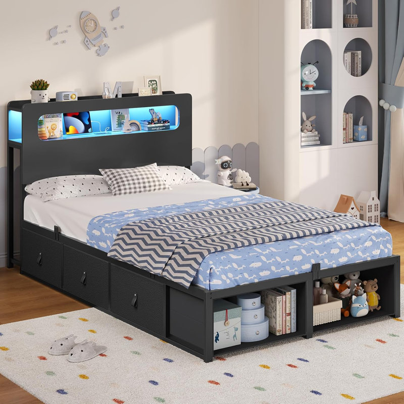 Twin Bed Frame With 6 Storage Drawers & 2-tier Led Headboard – Kids Boy Bed With Power Outlets & Rgb Lights, 2 Footboard Cubbies– Space-saving