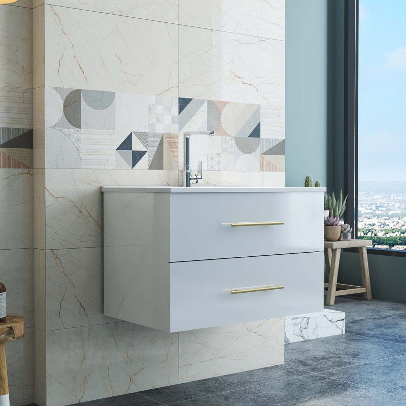 Gloss Wall-Mounted Bathroom Vanity With Mirro, 30", Glossy White, Gold