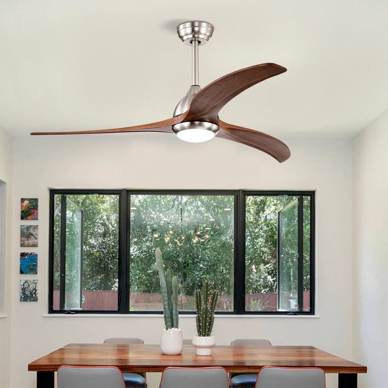 52'' Solid Wood Ceiling Fan with LED Lights, Nickel with Walnut Blades