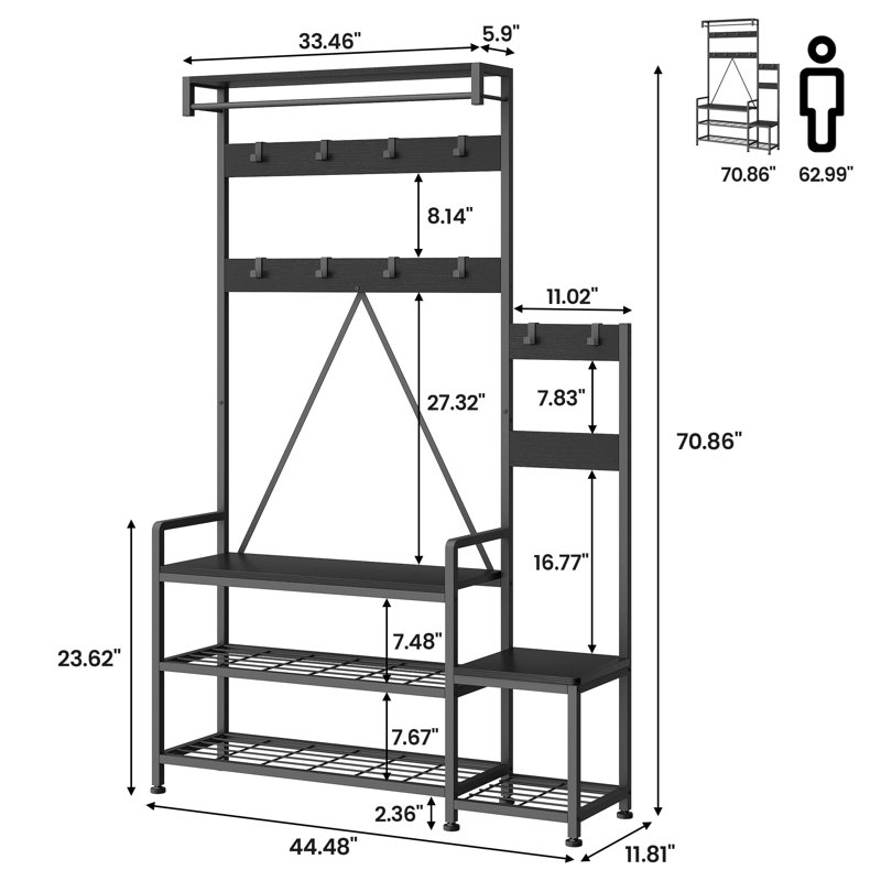 Parent-Child Industrial Hall Tree: Coat Rack Shoe Bench with Storage Cubbies, Hooks & Top Shelf, Black