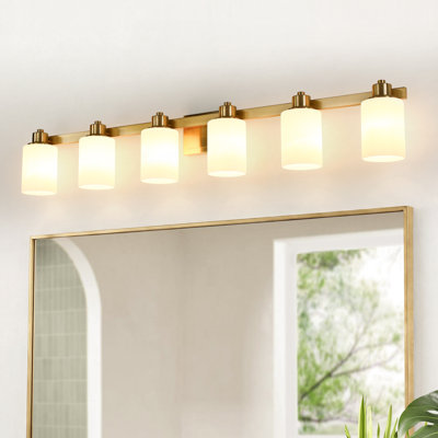 50 in. Gold 6-Light Vanity Light with Milky White Frosted Glass Shades, Bathroom Light Fixture over Mirror